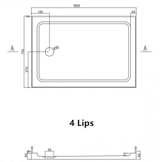 900x750mm Rectangle Shower Tray Center/Size Waste